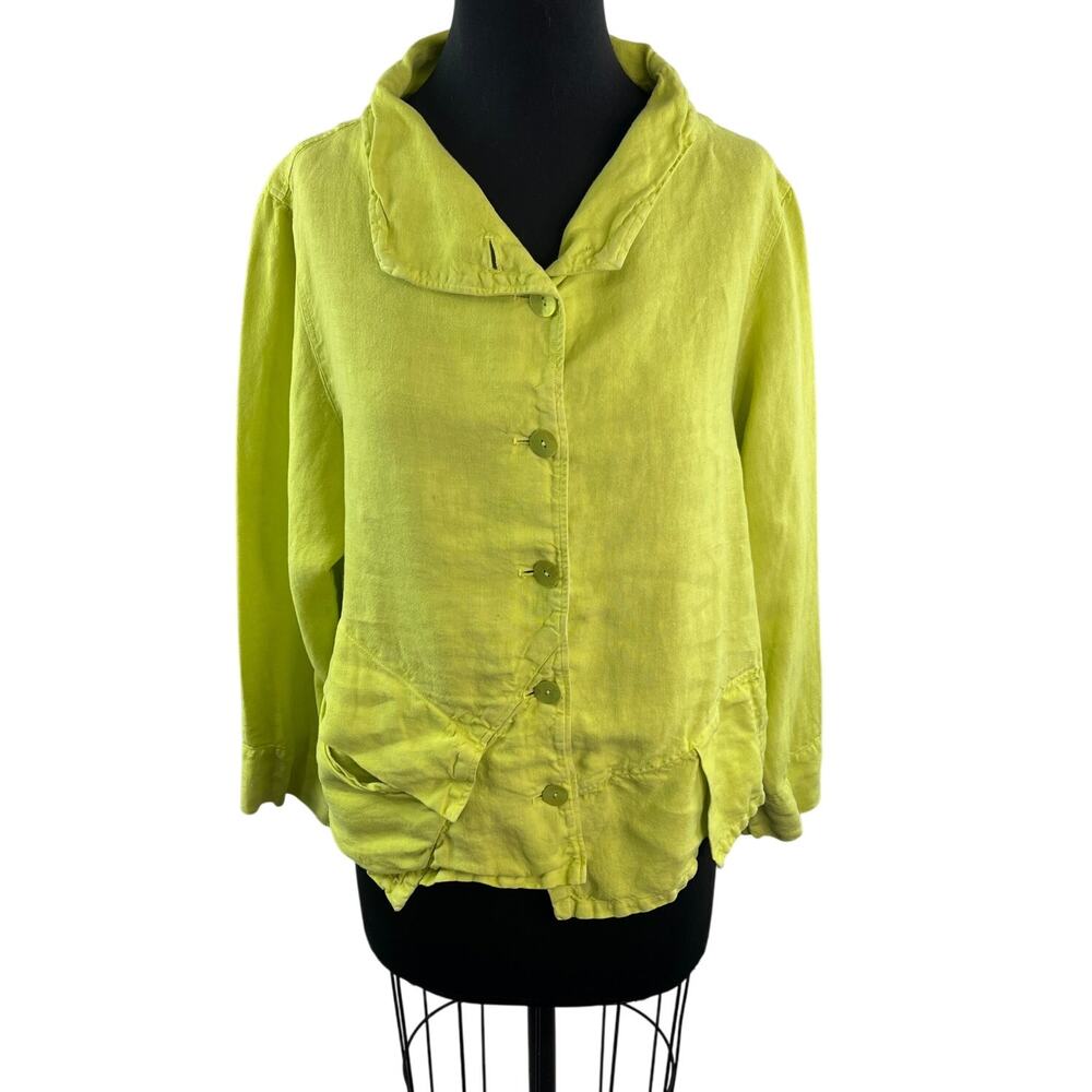 OSKA Lagenlook Bright Green Yellow Top Linen Collared Long Sleeve Jacket Size 2